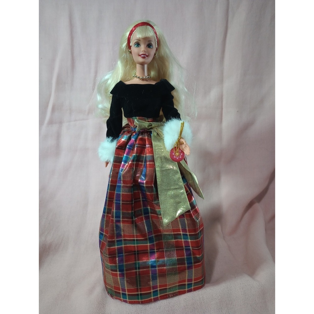 1998 Holiday Sisters Barbie Doll Blonde Green Eyes Plaid Christmas Dress Mattel